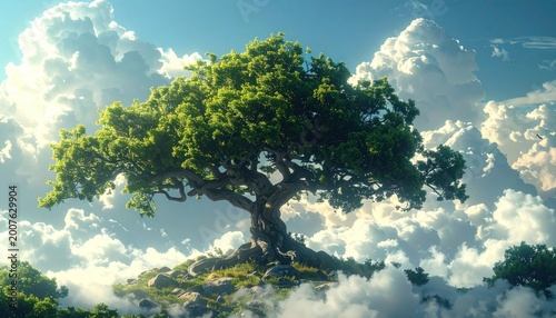 A majestic, sunlit tree with sprawling branches emerges from clouds, against a blue sky