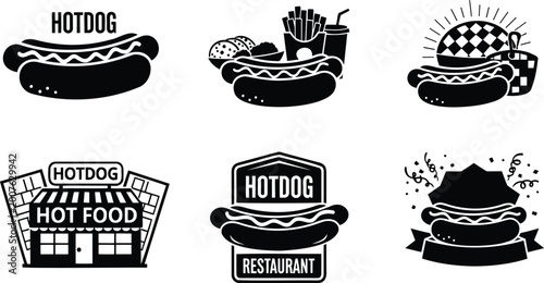 Hotdog restaurant and combo meal icons for street food festival signage in vector line art.