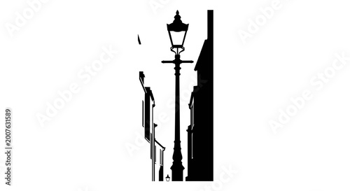 Silhouette of a vintage street lamp in a narrow urban alleyway
