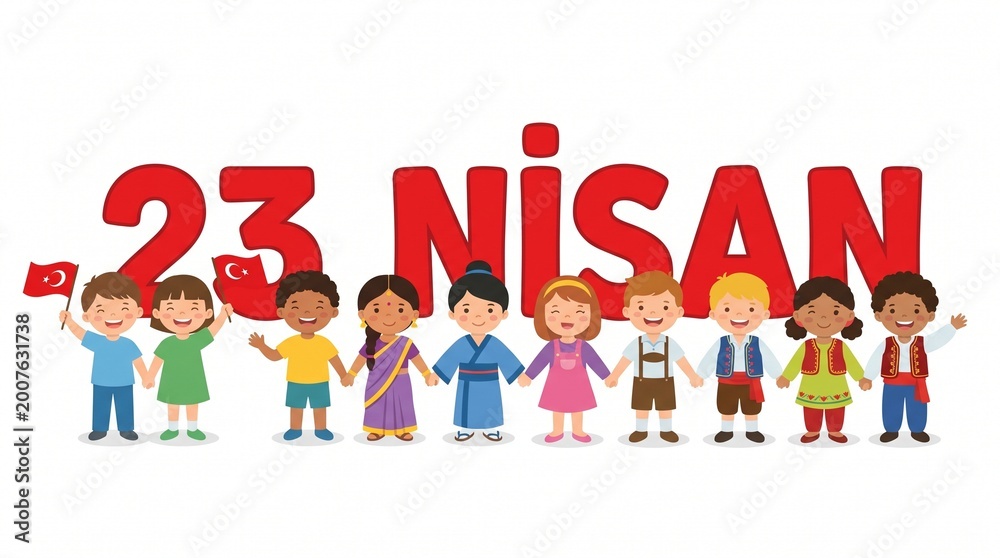 Fototapeta premium 23 Nisan National Sovereignty and Children’s Day celebration in Turkey with multicultural kids illustration