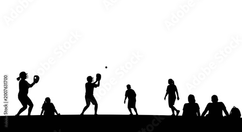 Silhouettes of people playing and watching baseball on white background