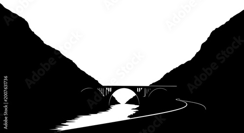 Minimalist black and white bridge silhouette in mountain canyon