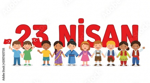 23 Nisan National Sovereignty and Children’s Day celebration in Turkey with multicultural kids illustration