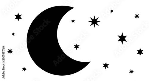 Minimalist Crescent Moon and Stars Silhouette Vector Illustration