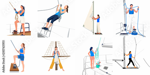 фотографія Set of flat vector illustrations featuring women performing various nautical tasks, handling ropes, and managing sails on a sailboat or modern yacht