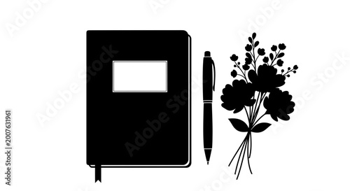 Notebook with pen and flower bouquet silhouette vector illustration