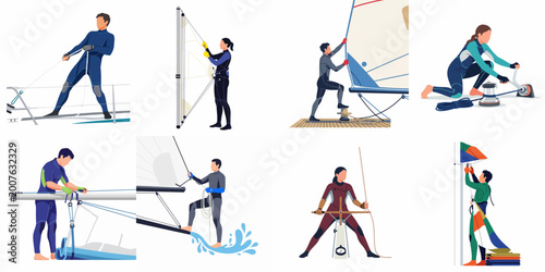 Schilderij op canvas Professional yacht crew and sailors performing various maritime tasks and riggin