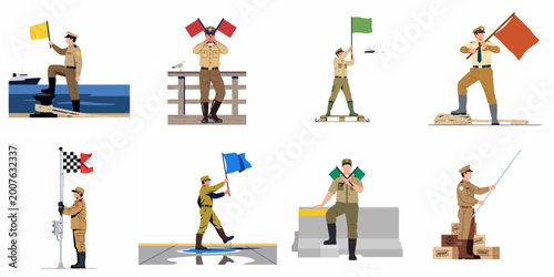 Cuadro en lienzo Set of illustrations featuring maritime personnel in khaki uniforms using signaling flags and communication tools at various port and ship locations