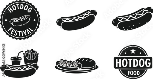 Hotdog festival vector silhouette illustration set featuring snacks and food emblems.