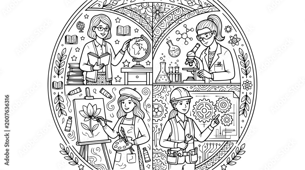 Fototapeta premium Female professions education emblem coloring page diversity careers antistress vector illustration