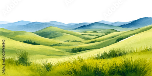 Canvastavla Rolling green hills and distant blue mountains forming a tranquil natural landsc