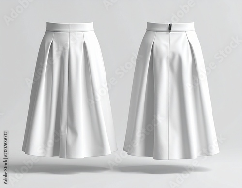 elegant white pleated midi skirt front and back view soft fabric folds minimal studio fashion mockup