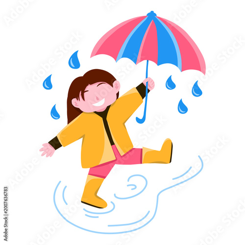 Little girl playing in the rain while holding an umbrella, toddler dancing joyfully in the rain, flat vector illustration.
