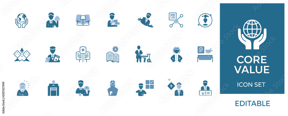 Obraz premium Core value icons for business, global responsibility, and leadership