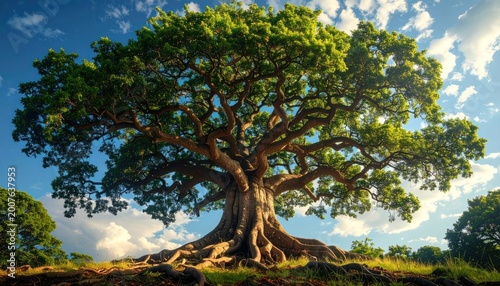 Majestic oak tree, massive trunk & roots, expansive canopy, blue sky, and white clouds