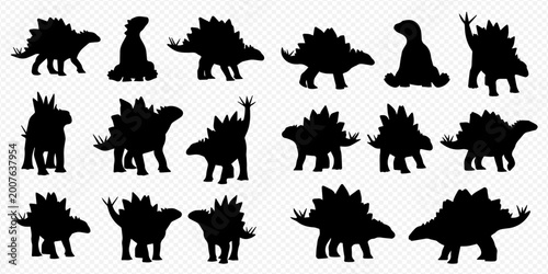 Photos Set of various Stegosaurus dinosaur silhouettes in different poses, prehistoric animal vector illustration