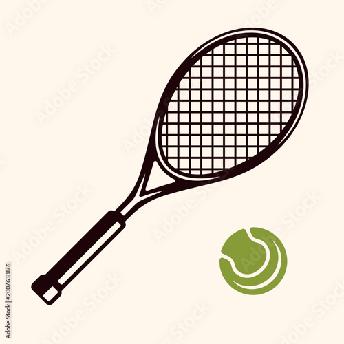 Modern tennis racket and ball vector icon, clean minimal design perfect for sports apps, fitness branding, and game related projects