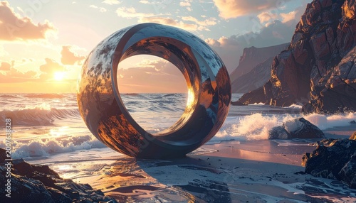 A reflective, metallic torus on a beach at sunrise, with a rocky coastline in the background