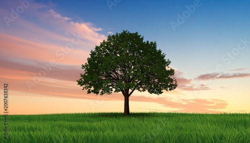 A lone, leafy tree stands silhouetted against a colorful sunset sky over a grassy field