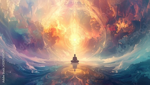 A person meditates in lotus pose, surrounded by a swirling cosmic energy field