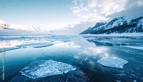 Frozen landscape with icy lake, mountains, and a cloudy sky in a frigid environment