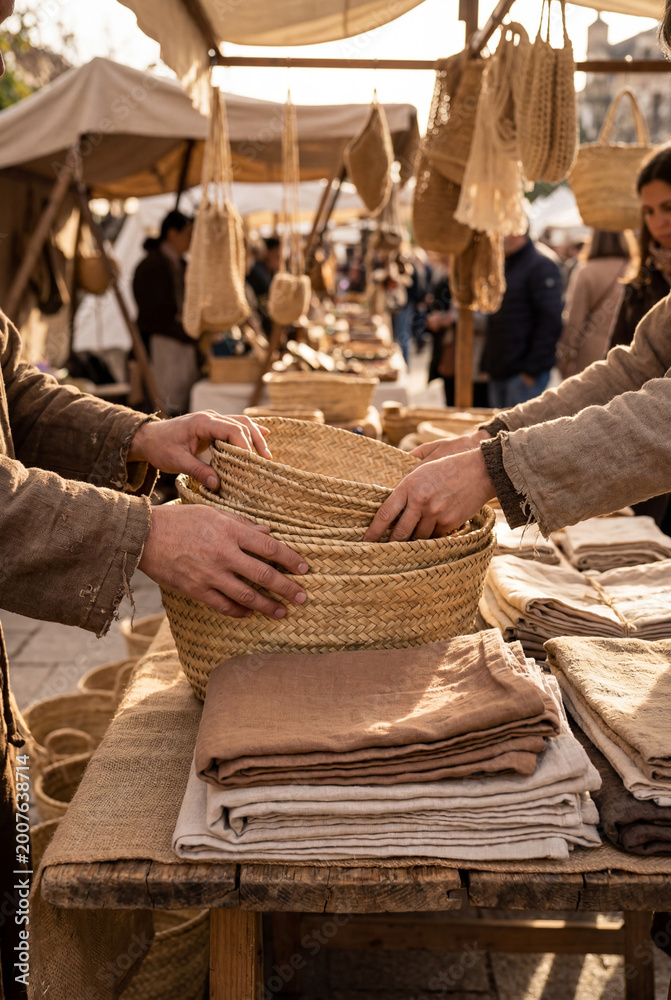 Fototapeta premium Hands weaving a wicker basket at traditional market stall