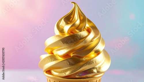 A golden, swirled soft-serve cone, vividly lit against a colorful, blurry background