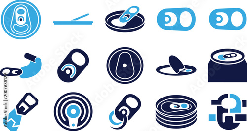 Obraz na plátně Set of blue and dark blue can tab and opener icons for drinks beverage packaging