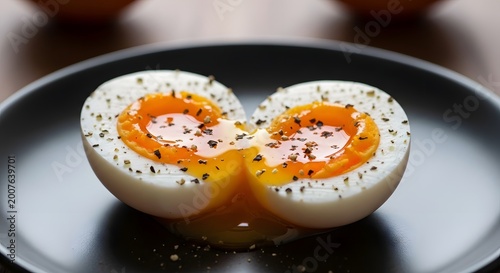Soft Boiled Egg Halves Seasoned with Black Pepper on a Dark Plate.