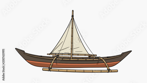 Illustration of a traditional Polynesian outrigger canoe with a triangular sail and bamboo outriggers, depicted against a white background.