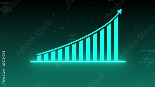 Bar graph animation with exponential growth. Bar graph cyan data with digital code. Bar graph business success analytics graphic on black background.