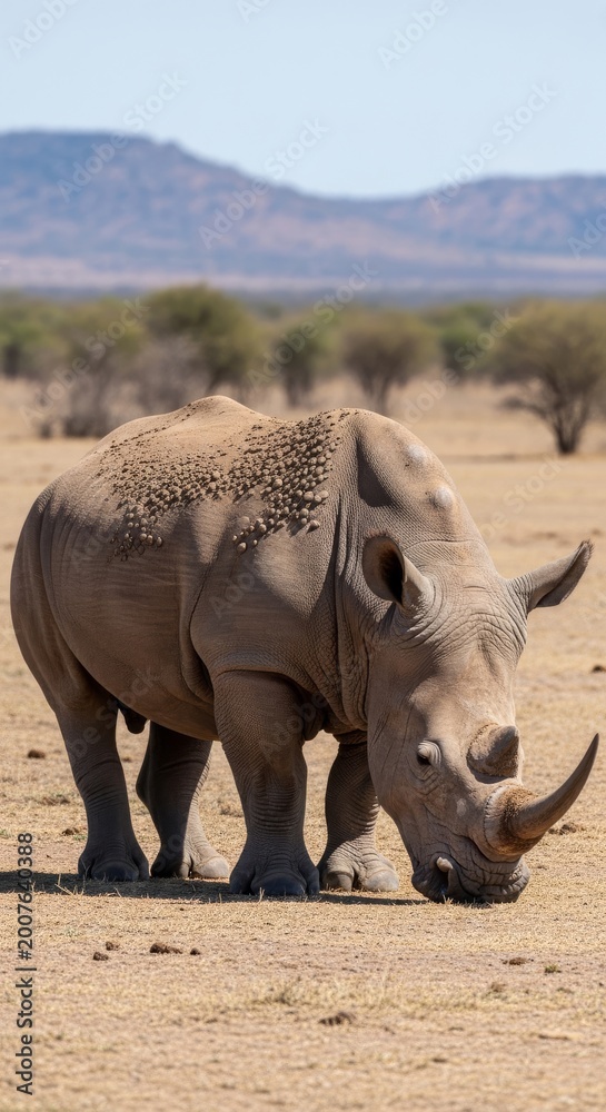 Obraz premium Powerful rhinoceros with thick skin grazes in savanna