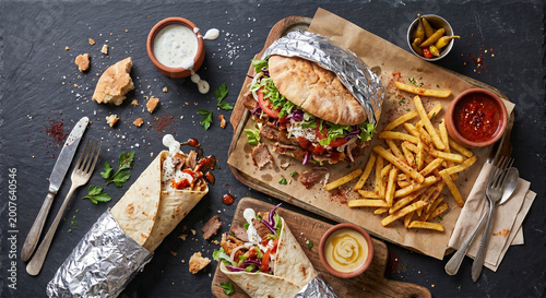 Turkish Doner Kebab Assortment with Wraps Fries and Sauces on Dark Wooden Table. Gourmet fast food platter featuring a large sandwich, wrapped kebab, fries, sauces, and pickles on wooden board