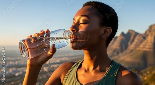Athletic Black Woman Drinking Water After Workout Outdoors at Sunset.