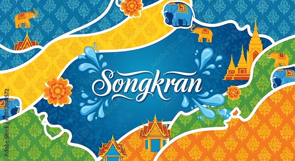 Naklejka premium Songkran Festival Celebration - Colorful Thai Water Splashes and Traditions.