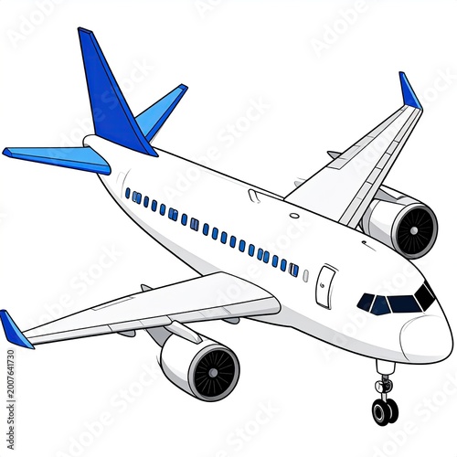 Cartoon white jet aircraft, blue accents, landing gear down