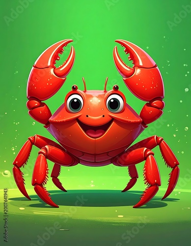 A cheerful red crab with big eyes and a smile