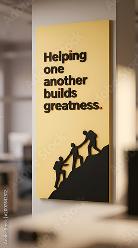 A hyperrealistic ultra-detailed DSLR photograph of a modern motivational wall art installed in a bright contemporary workspace interior