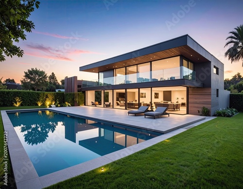 Modern home with pool at sunset; elegant design