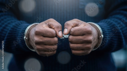 Tablou pe pânză Close-up of a person's hands in handcuffs, symbolizing arrest, guilt, and the justice system