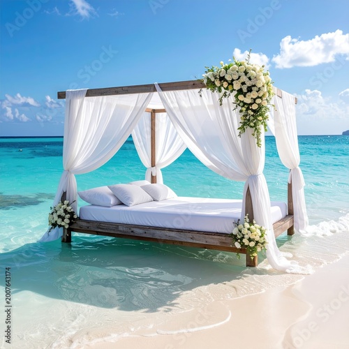 Beach canopy bed with white flowers and draping fabric