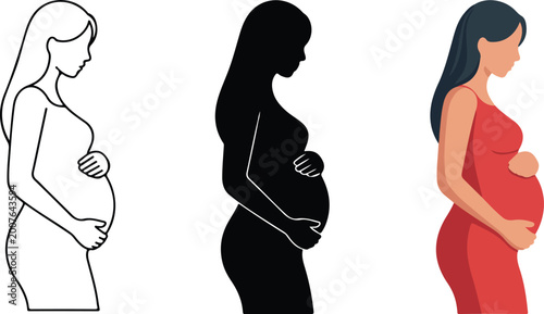 Obraz na płótnie Set of pregnant woman silhouettes and colored icons in flat design for motherhood, pregnancy healthcare, and prenatal wellness illustrations