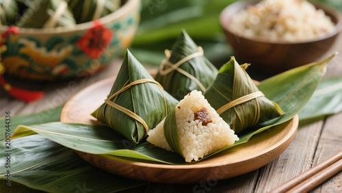 Traditional zongzi rice dumplings wrapped in bamboo leaves on a wooden plate during the dragon boat festival