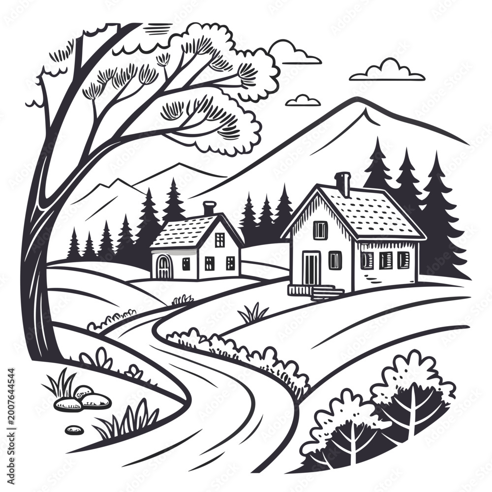 Naklejka premium Two rustic houses on rolling hills with a winding path and distant mountains