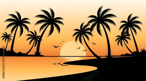 Tropical beach scene with palm trees at sunset on the shore