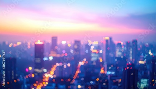 Blurred cityscape at dawn, with vibrant colors in the sky