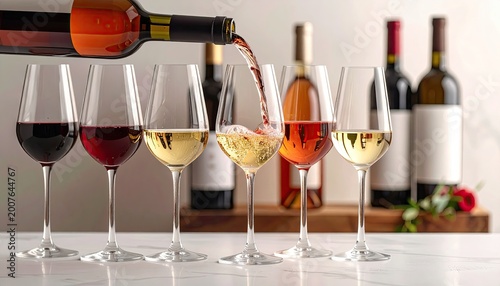 Wine being poured into glasses showcasing various colors
