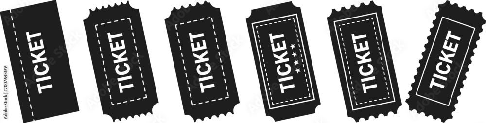 Fototapeta premium set of six blank cinema or event tickets in black and white flat design vector illustration