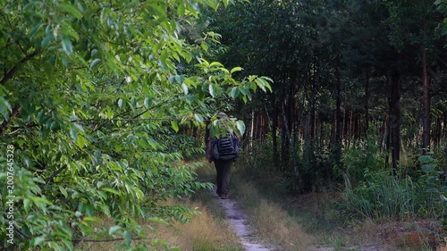 Person with backpack walking on a dirt forest trail. Ideal for concepts of exploration, outdoor adventure, travel, and getting away from it all.