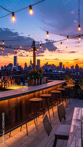 Rooftop bar, cityscape sunset, string lights glowing